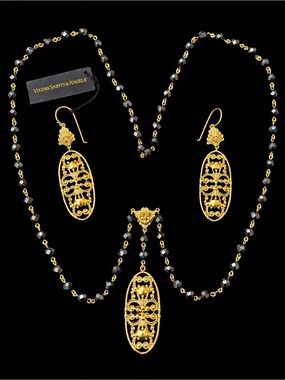 Virgins Saints & Angels Gold Filigree Necklace and Earring Set with Black Beads